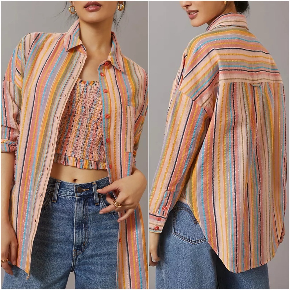 Anthropologie Large/XL Striped Multicolor Long Sleeve Oversized Boyfriend Top